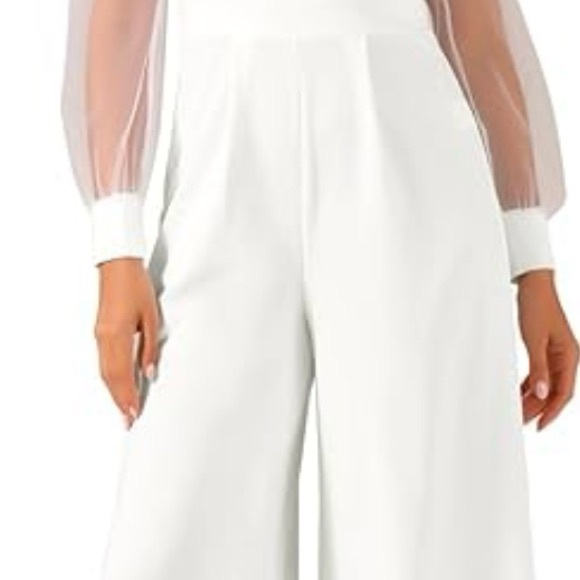 Allegra K Pants - Allegra K Women's Elegant V Neck Mesh Long Sleeve Loose Wide Leg jumpsuit Med